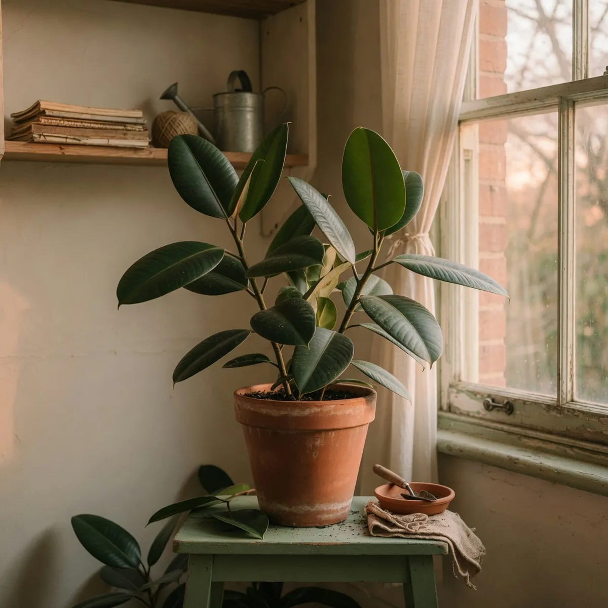A healthy rubber plant displaying large, glossy green leaves in a bright indoor setting.