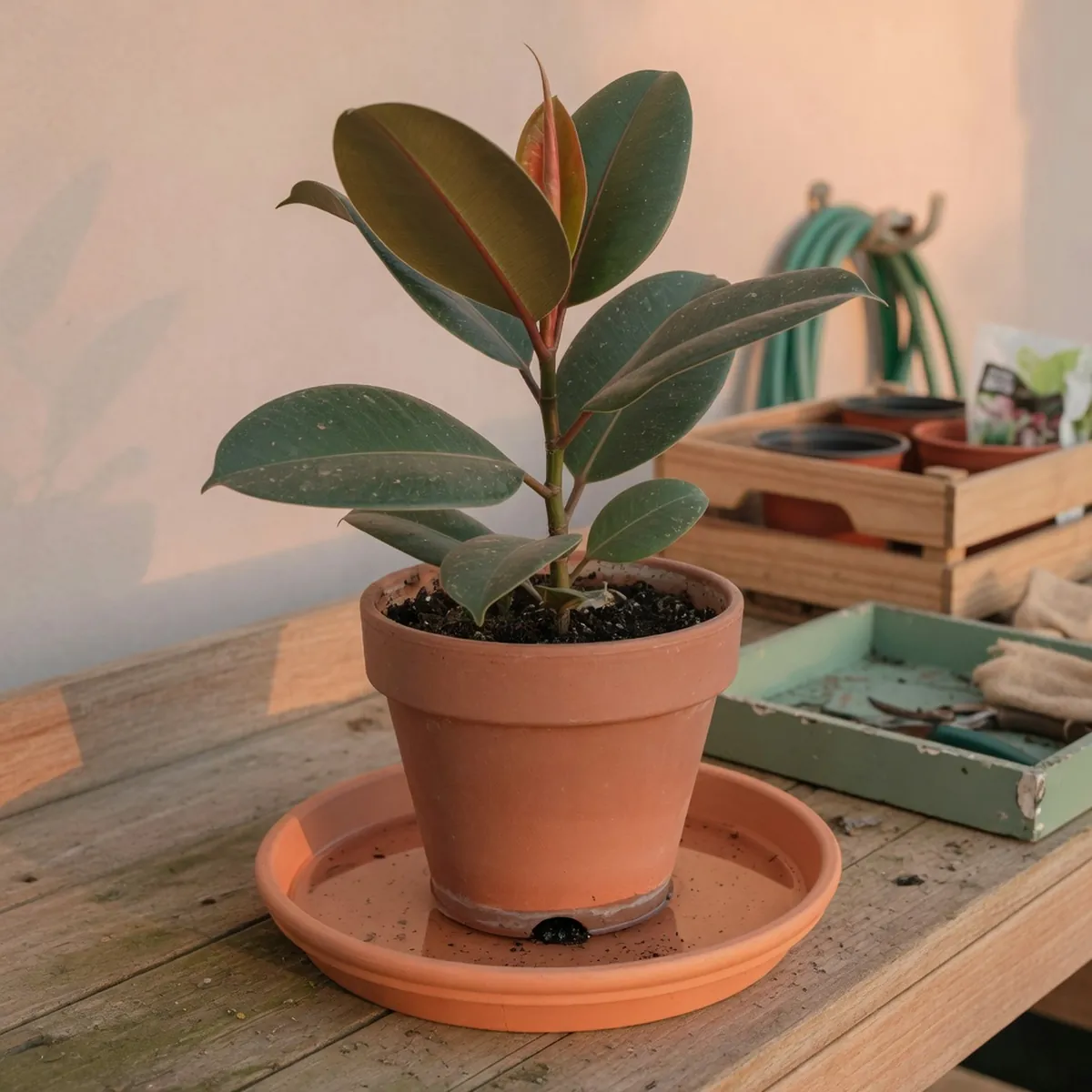A rubber plant in a terracotta pot with well-draining soil and a drip tray underneath.