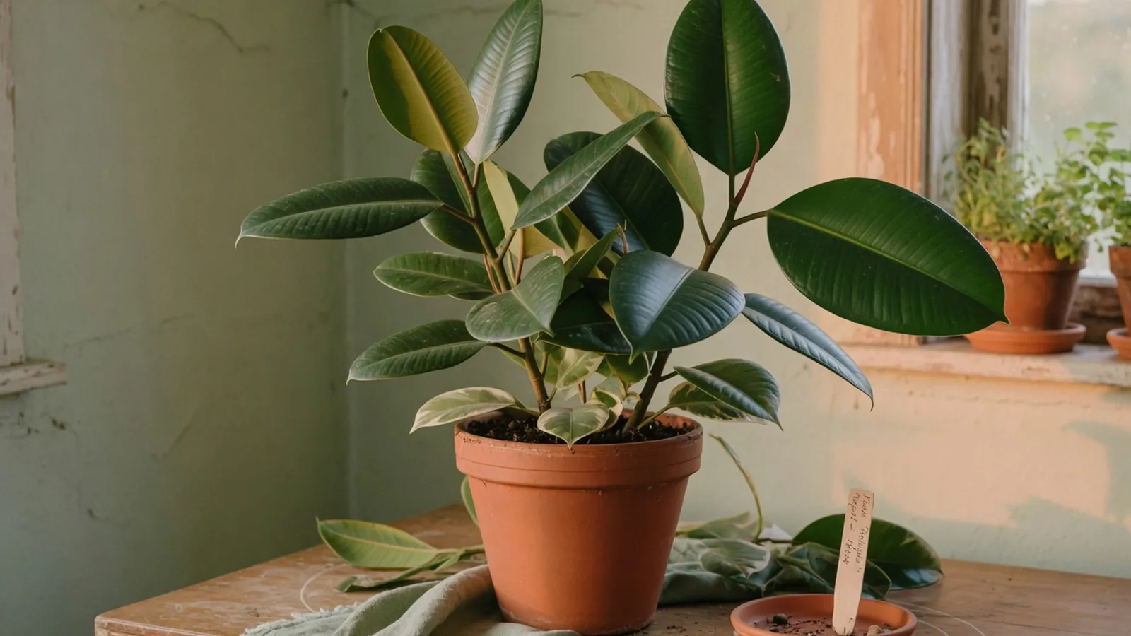 A close-up of a rubber plant showcasing its large, glossy green leaves.