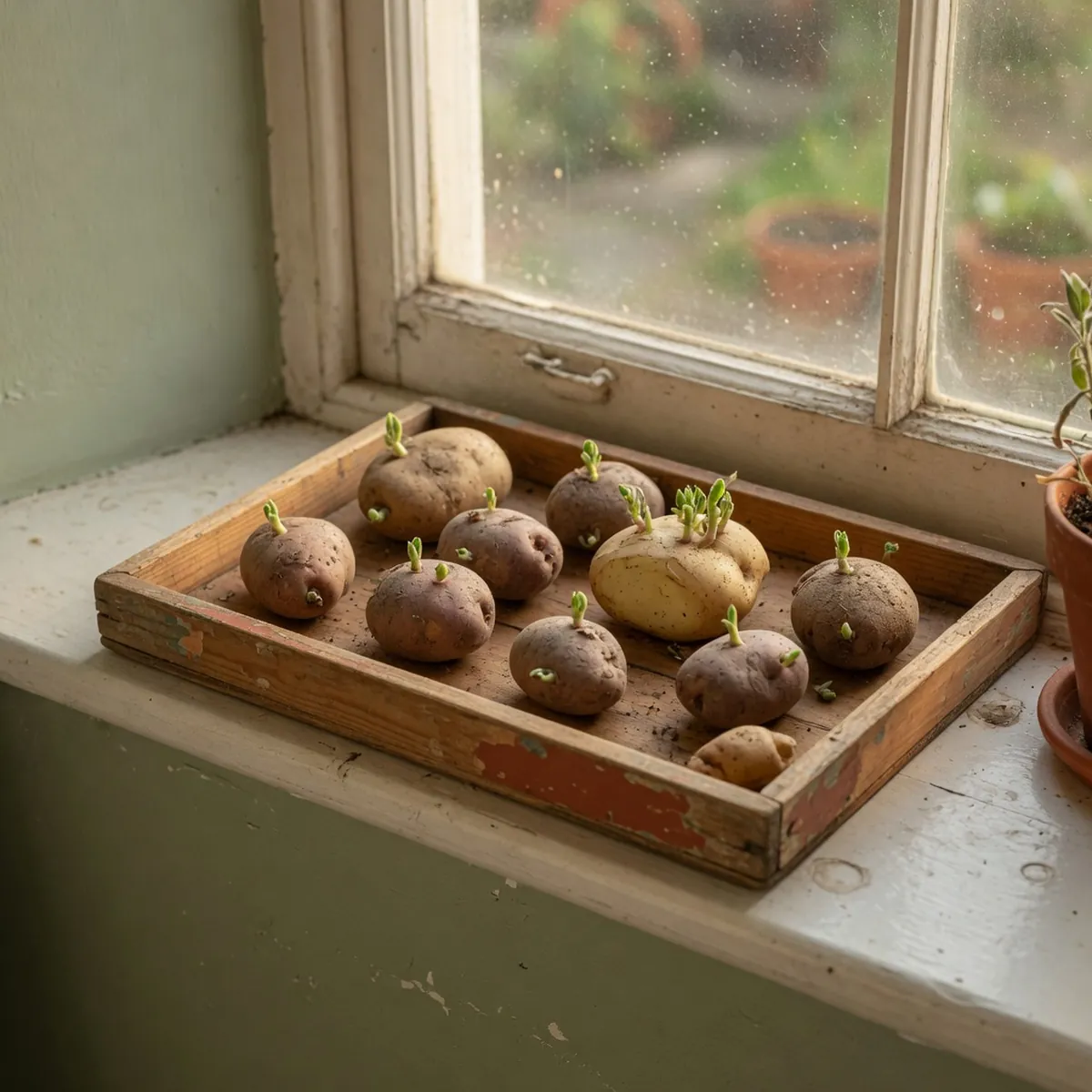Several seed potatoes with short green sprouts growing in a wooden tray.