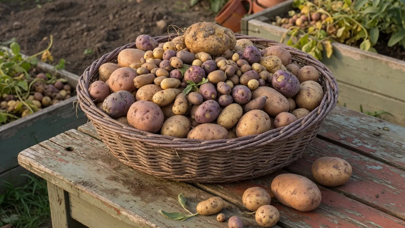 A woven basket filled with freshly harvested potatoes of various sizes resting on a wooden surface.