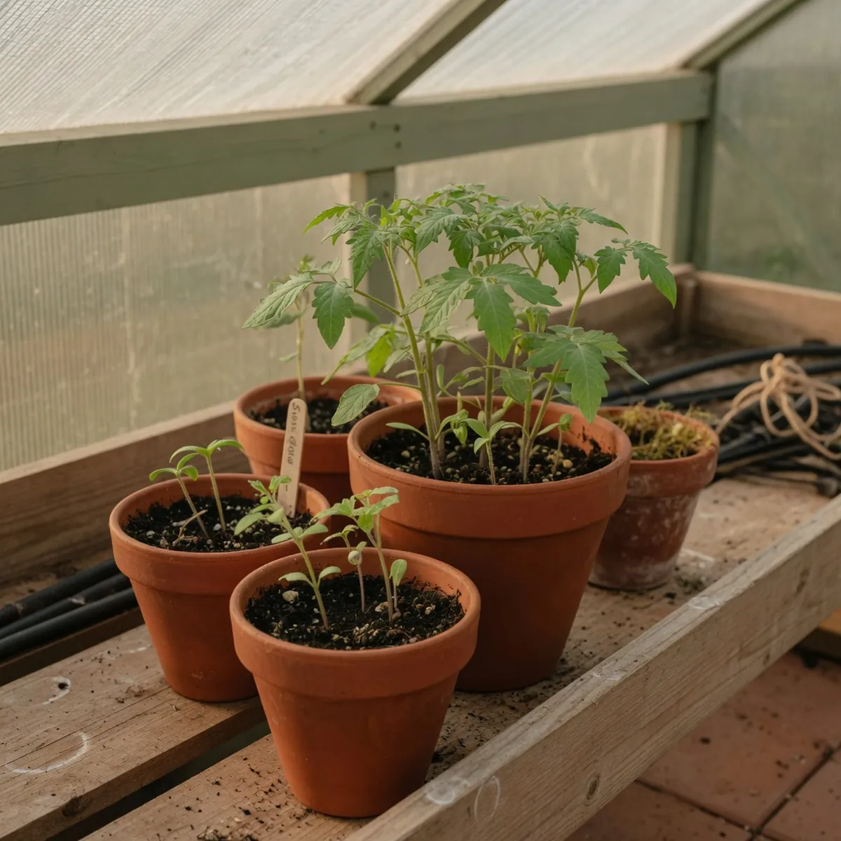 Young tomato seedlings with vibrant green leaves growing in a warm greenhouse environment.