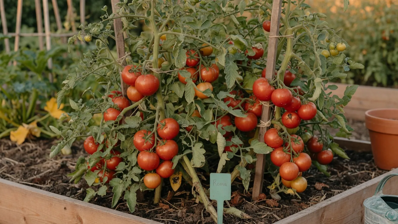 A healthy tomato plant laden with ripe red fruit growing in a sunny garden bed.