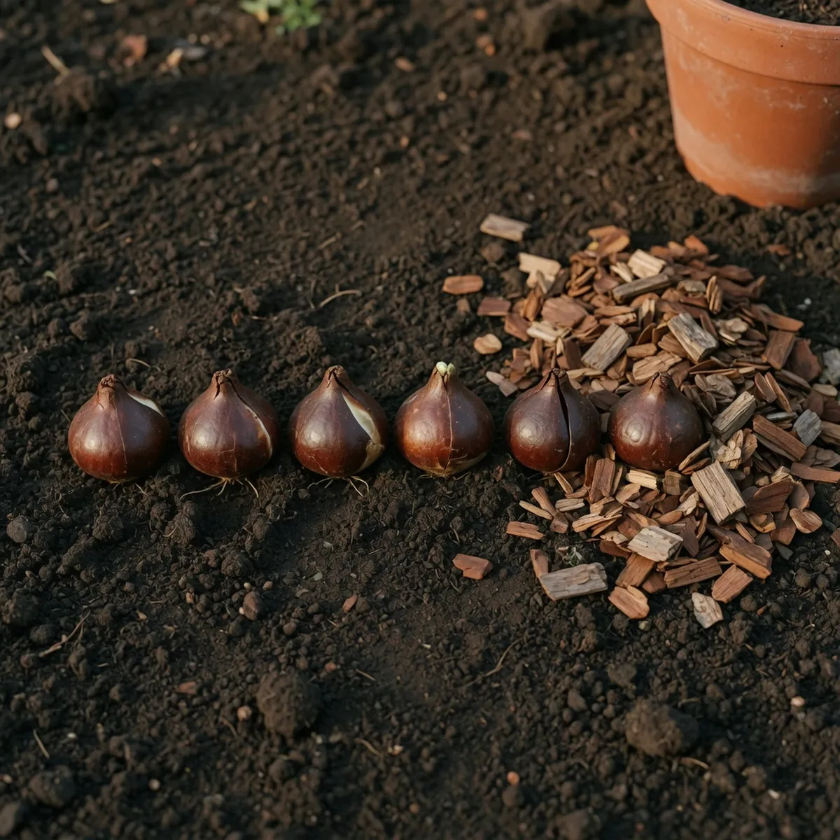 Dark brown tulip bulbs arranged on prepared soil next to a small mound of brown mulch.