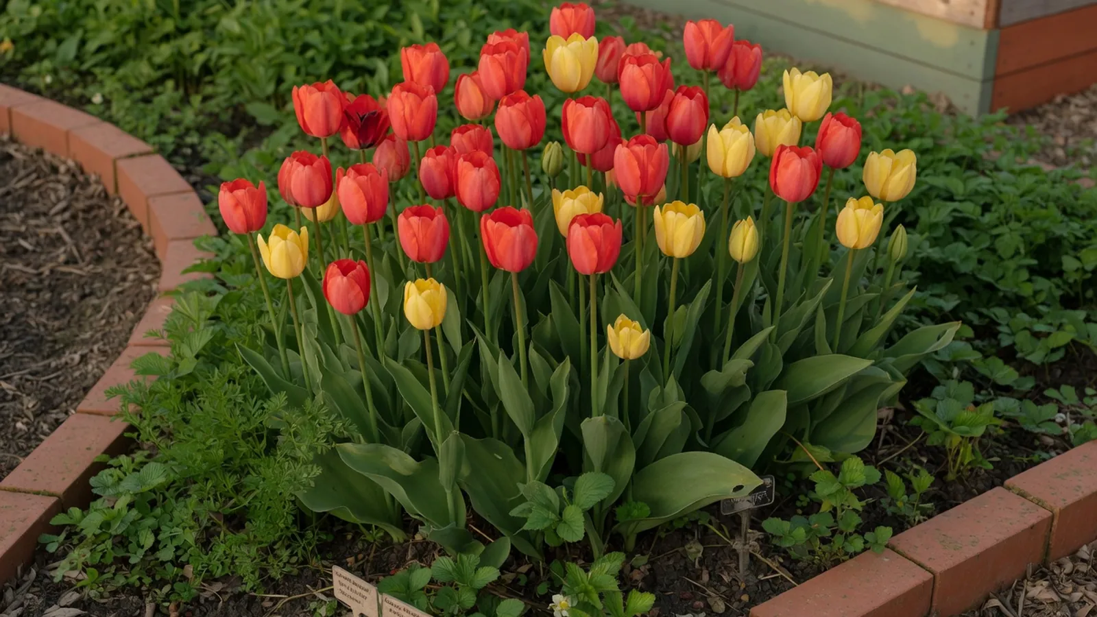 A vibrant cluster of red and yellow tulips blooming in a sunlit garden bed.