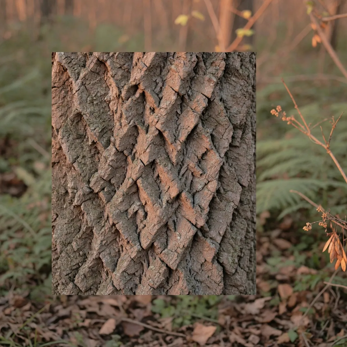 A close-up view of grayish-brown white ash bark displaying its characteristic diamond-shaped ridges.