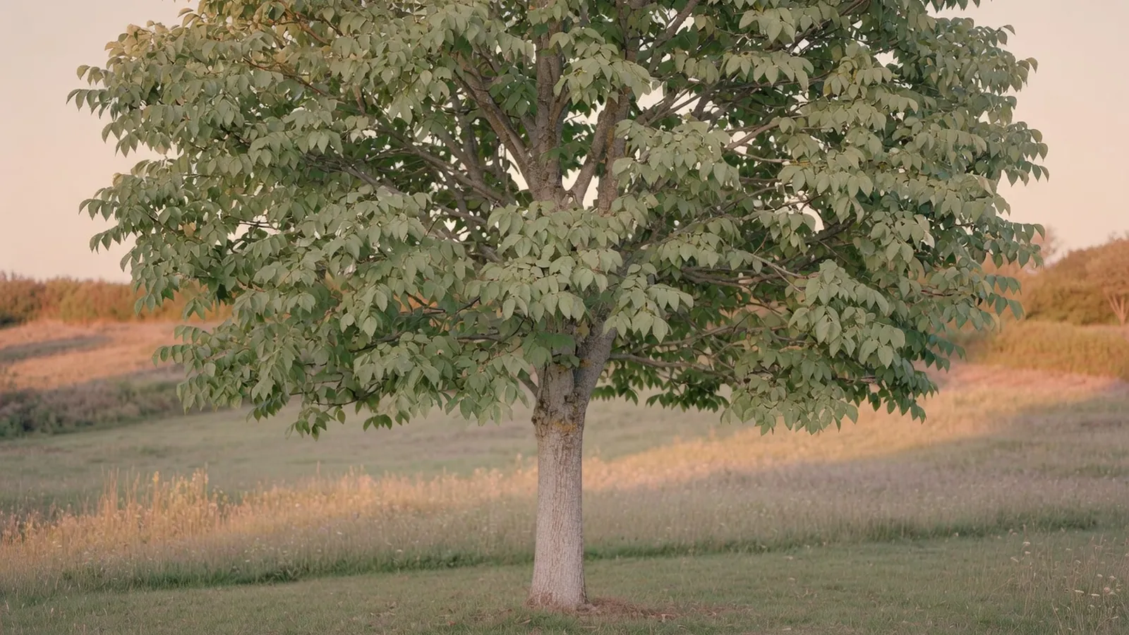 A full view of a mature white ash tree displaying its expansive round crown and lush foliage in a sunlit landscape.