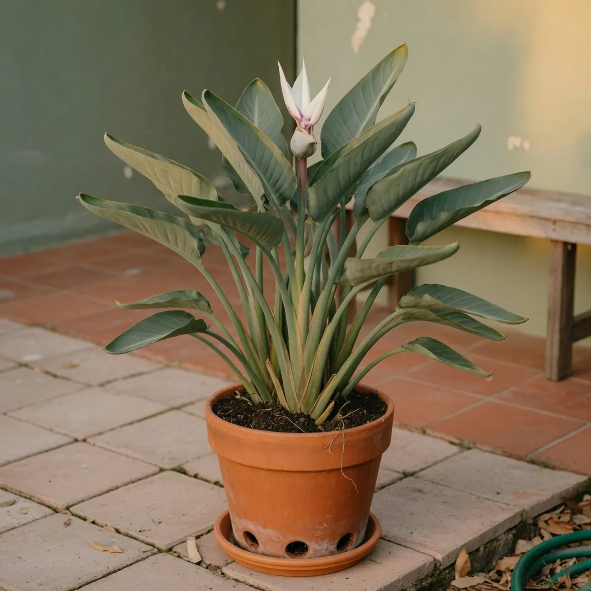 A potted white bird of paradise plant with broad green leaves showing drainage holes at the base.