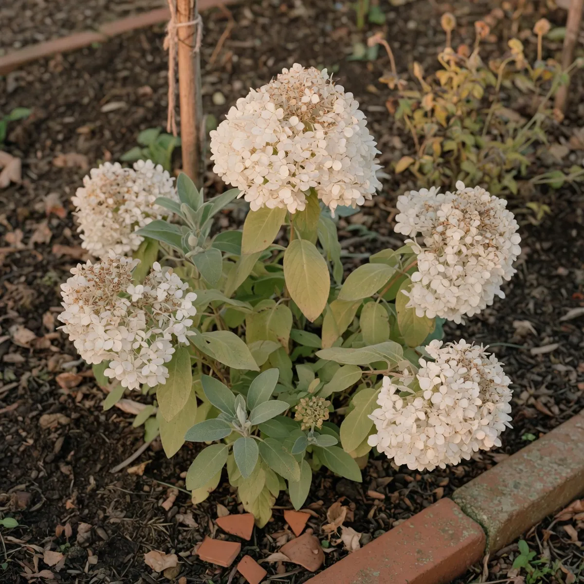 A close-up of a white hydrangea bush with several dried flower heads and green leaves.