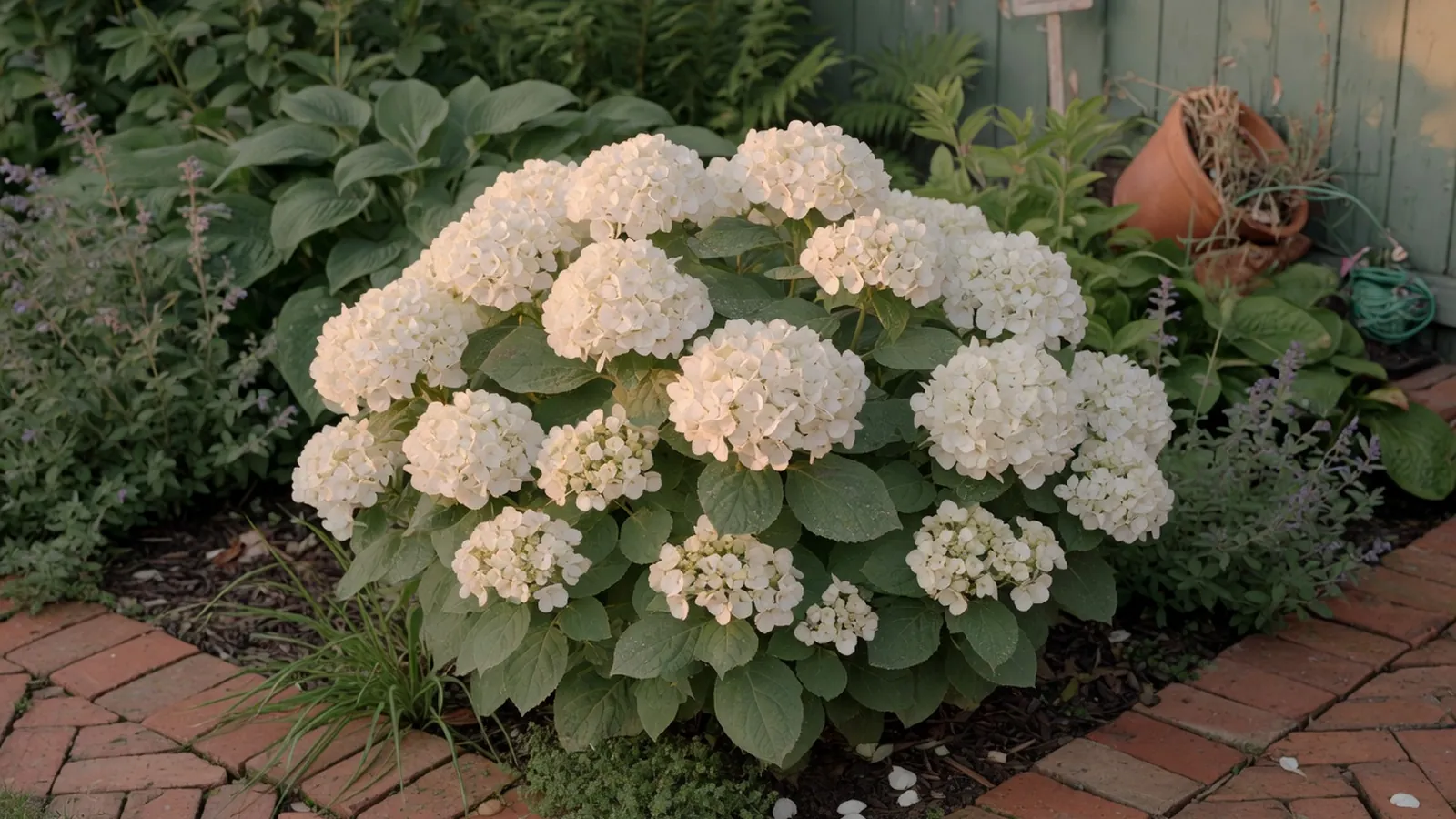 A full white hydrangea bush in full bloom surrounded by lush green foliage.