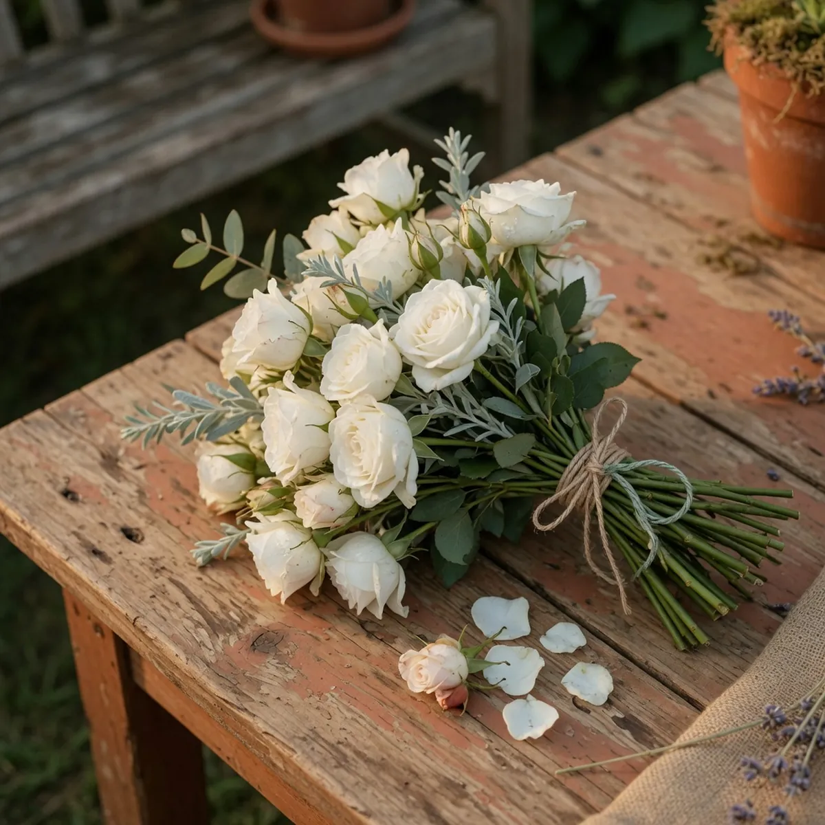 A hand-tied bouquet of white roses resting on a rustic wooden table.