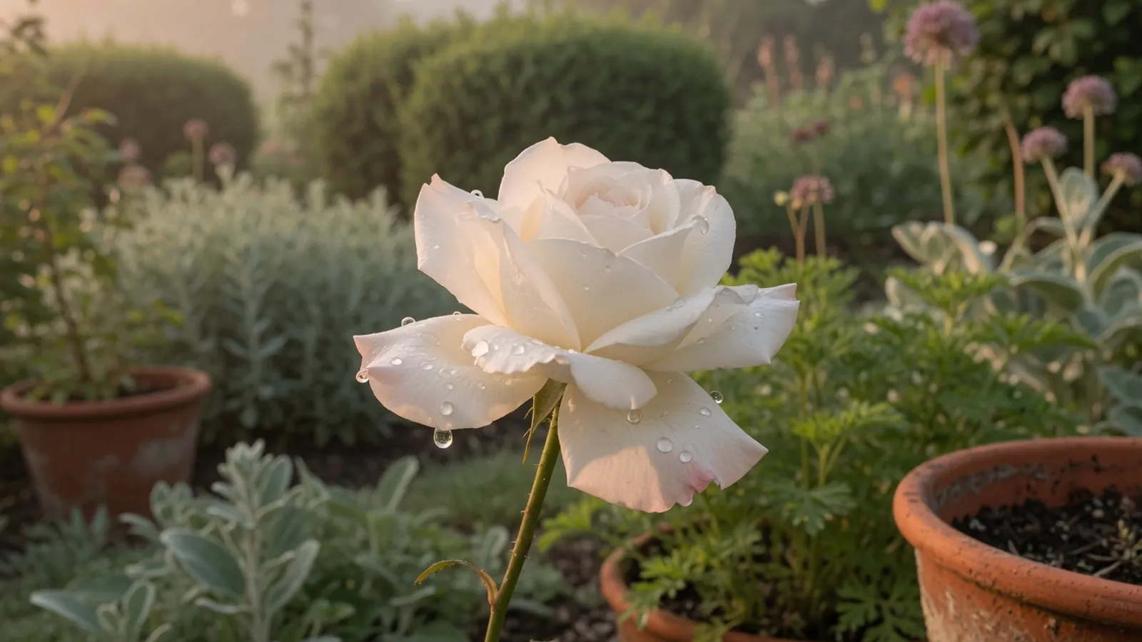 A close-up of a single white rose with dewy petals against a blurred green garden background.