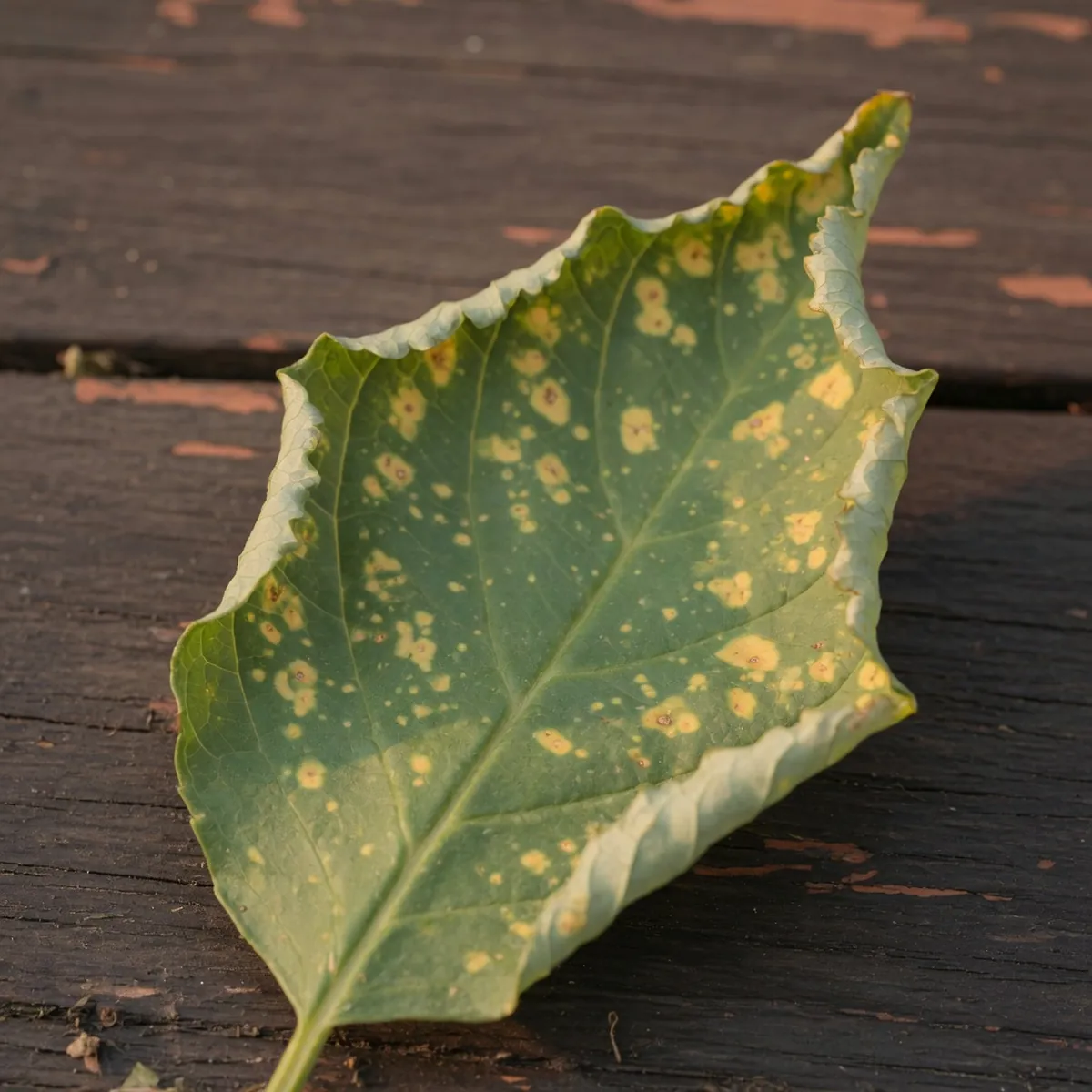 A close-up of a green leaf showing yellow spots and curled edges from sap-sucking pests.