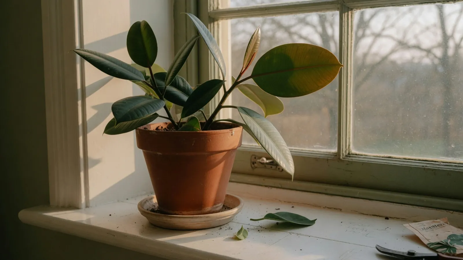 A potted houseplant with glossy green leaves sitting on a sunlit windowsill.
