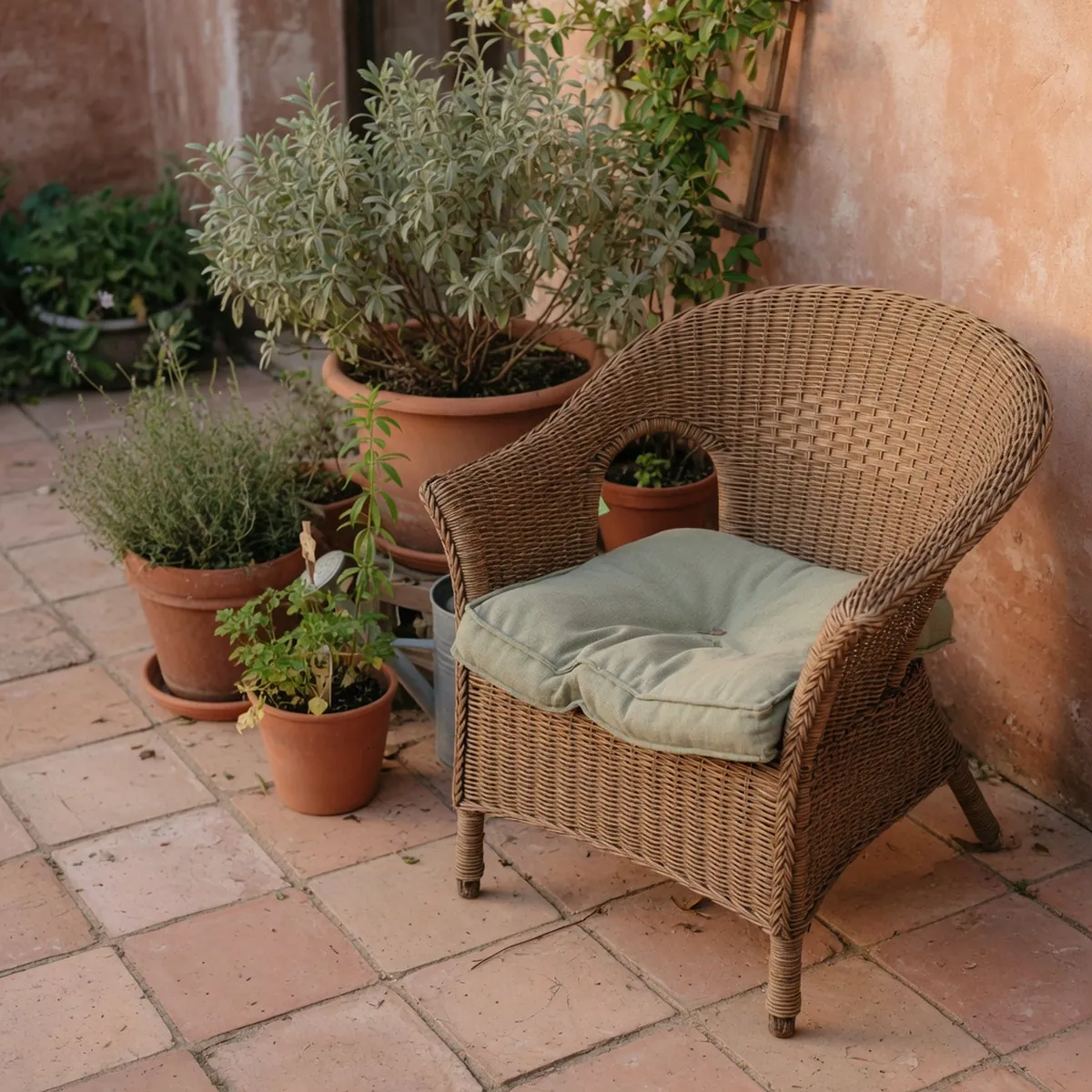 A woven wicker armchair with a soft cushion placed on a sunlit patio surrounded by potted plants.