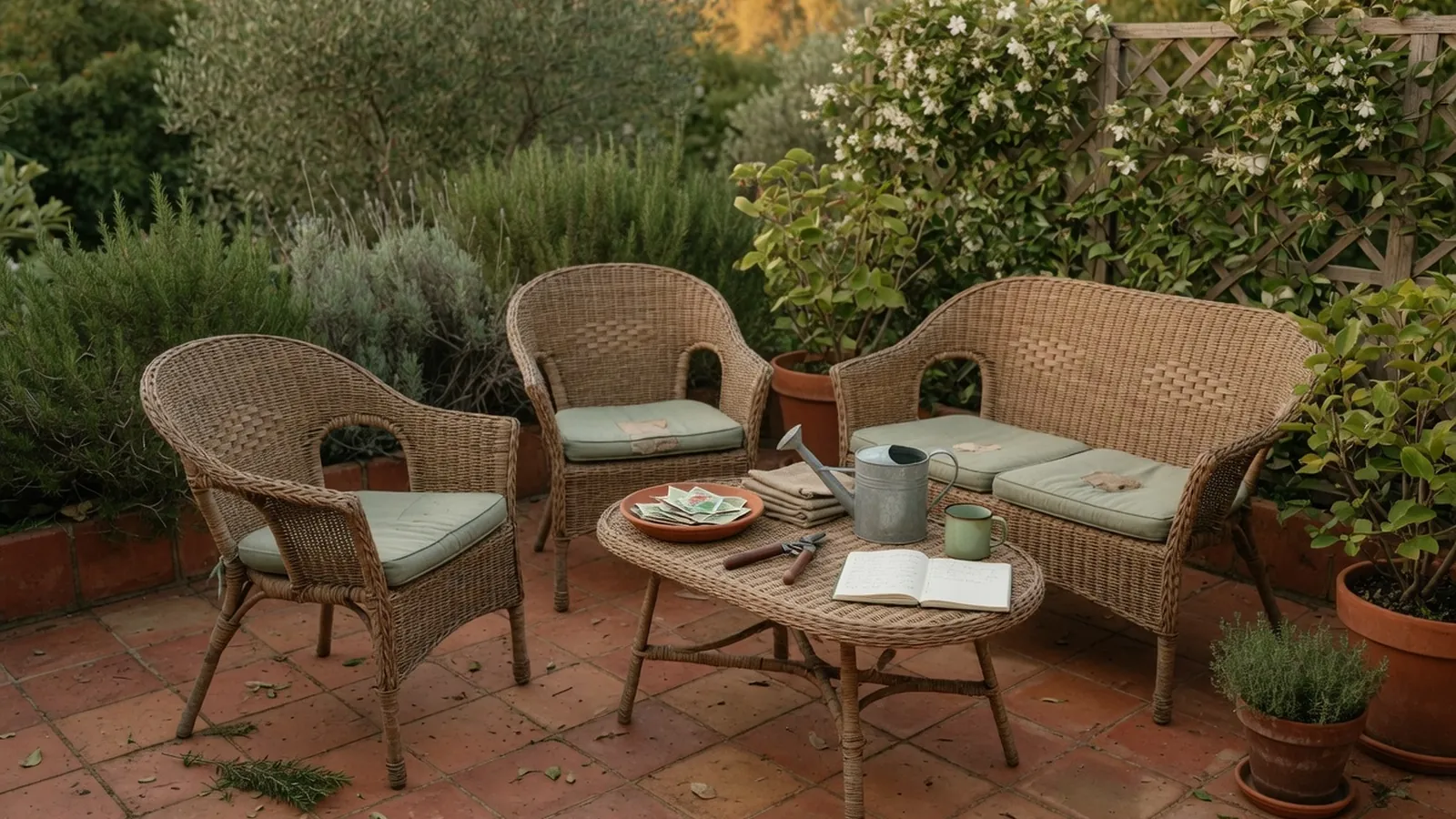 A stylish wicker patio set arranged on a tiled terrace with lush greenery in the background.