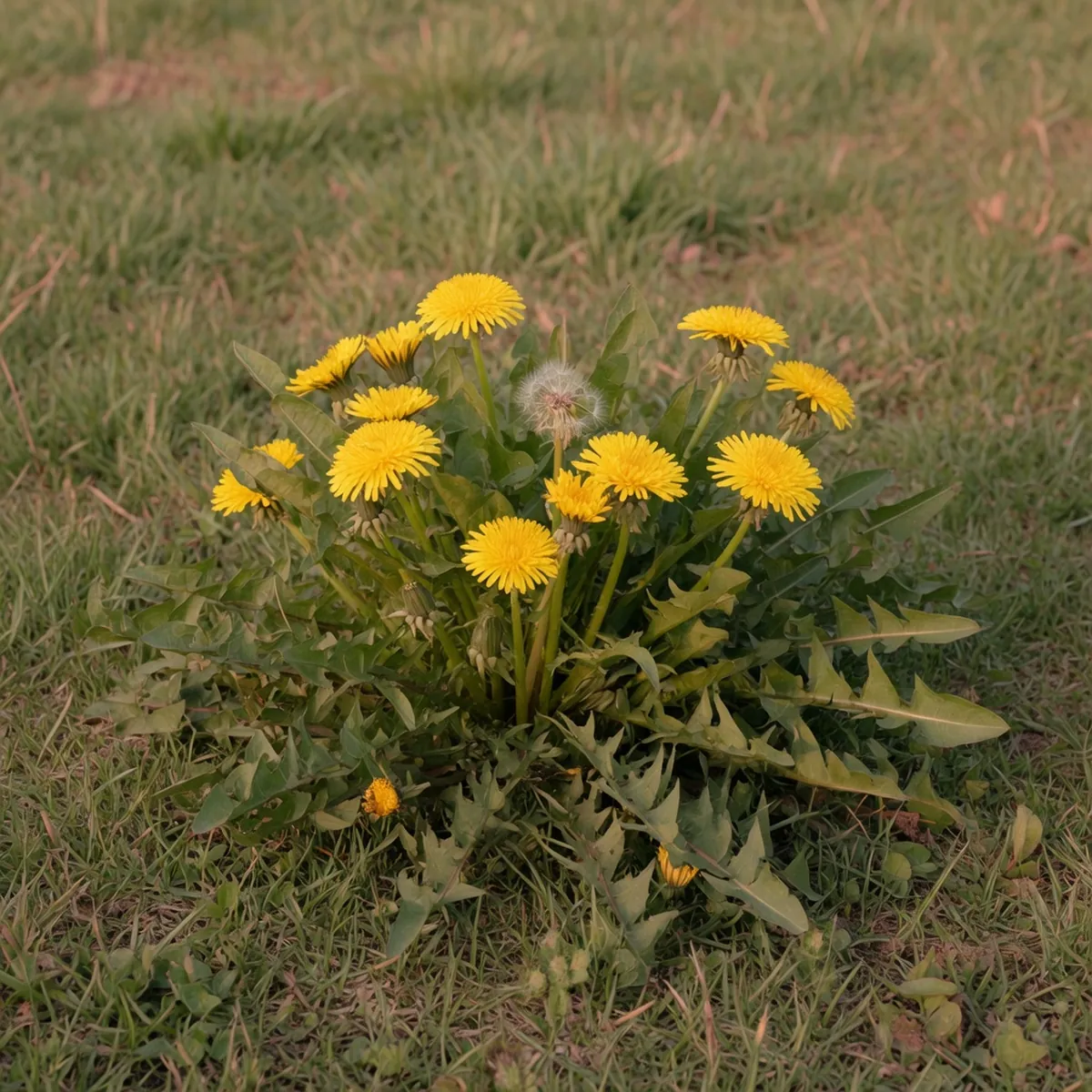 Bright yellow dandelion flowers and deeply toothed green leaves growing in a grassy field.