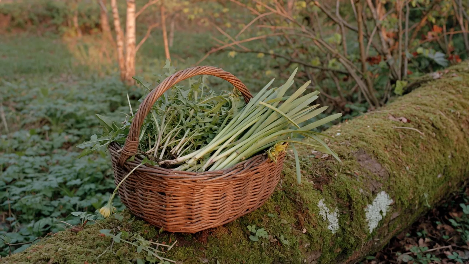 A woven basket filled with freshly foraged dandelion greens and cattail shoots resting on a mossy log.