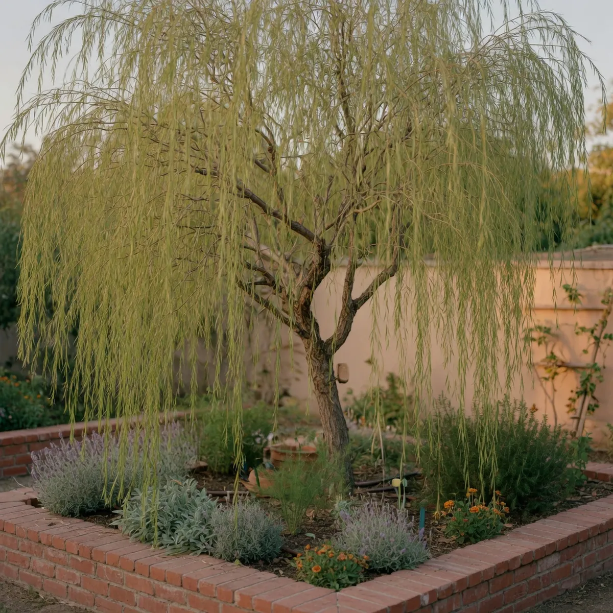 A mature willow acacia tree displaying its characteristic thin, arching branches that cascade downward in a landscape setting.