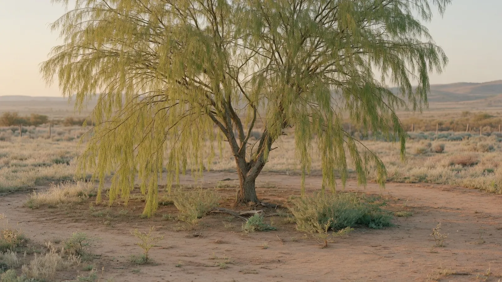 A drought-tolerant willow acacia tree standing gracefully in a dry, sun-drenched landscape.