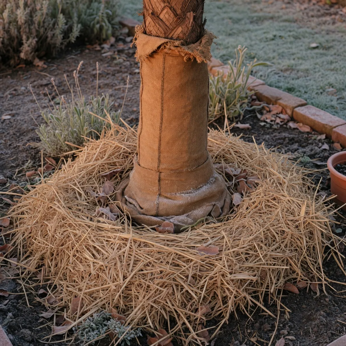 A windmill palm tree trunk wrapped in a gunny bag with straw covering the base soil.