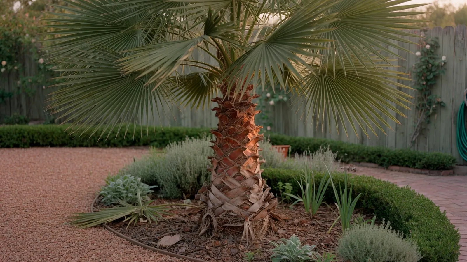 A mature windmill palm tree with broad fan-shaped fronds in a garden setting.