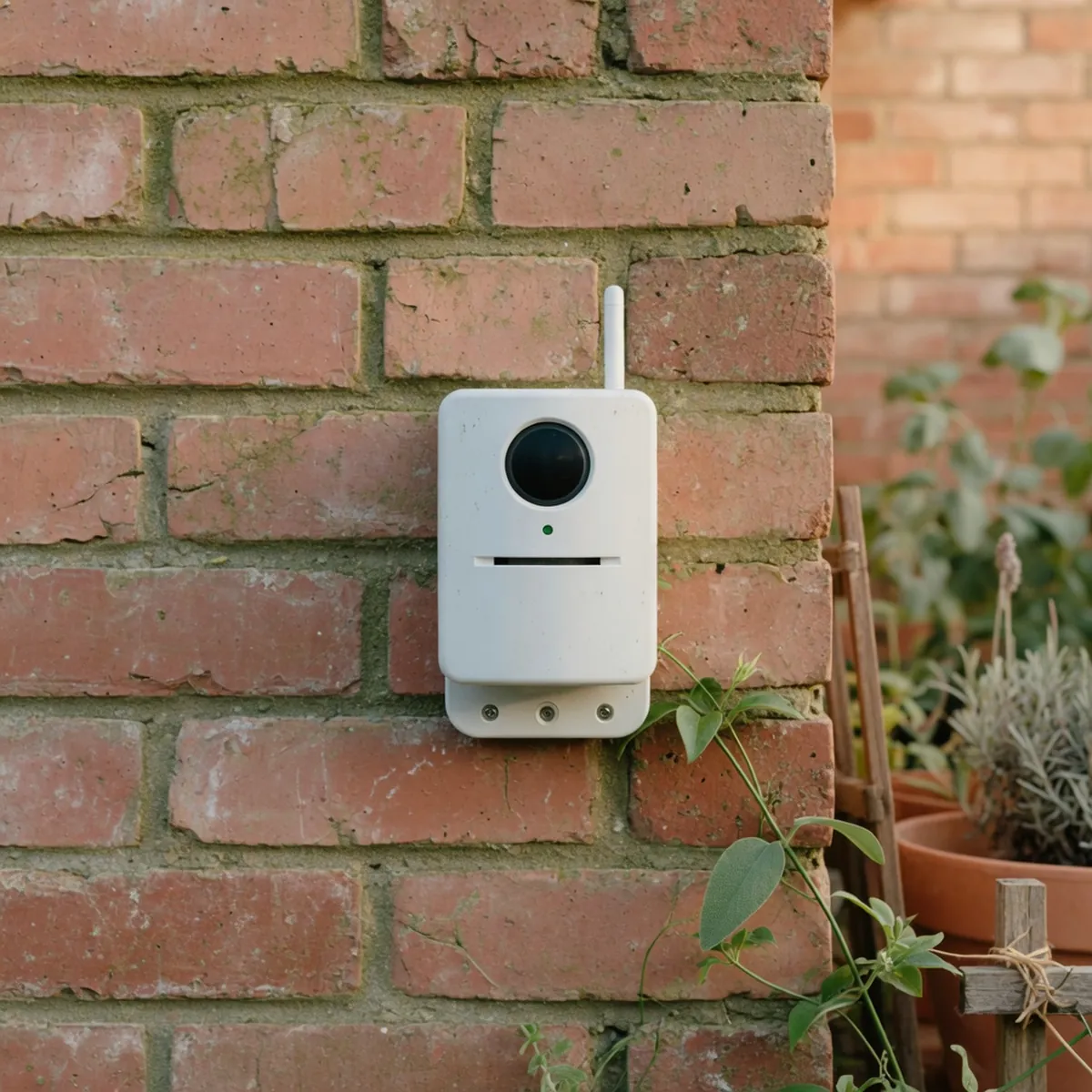 A compact wireless motion sensor mounted on a brick wall beside a driveway gate.