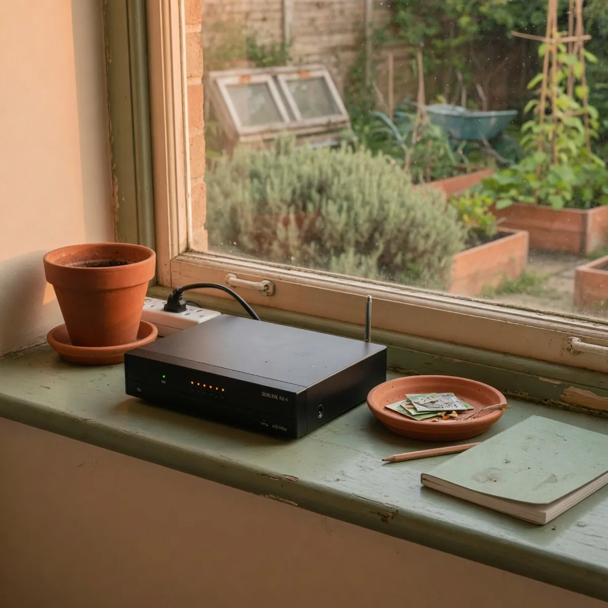 A sleek indoor receiver unit placed on a windowsill overlooking a residential garden.