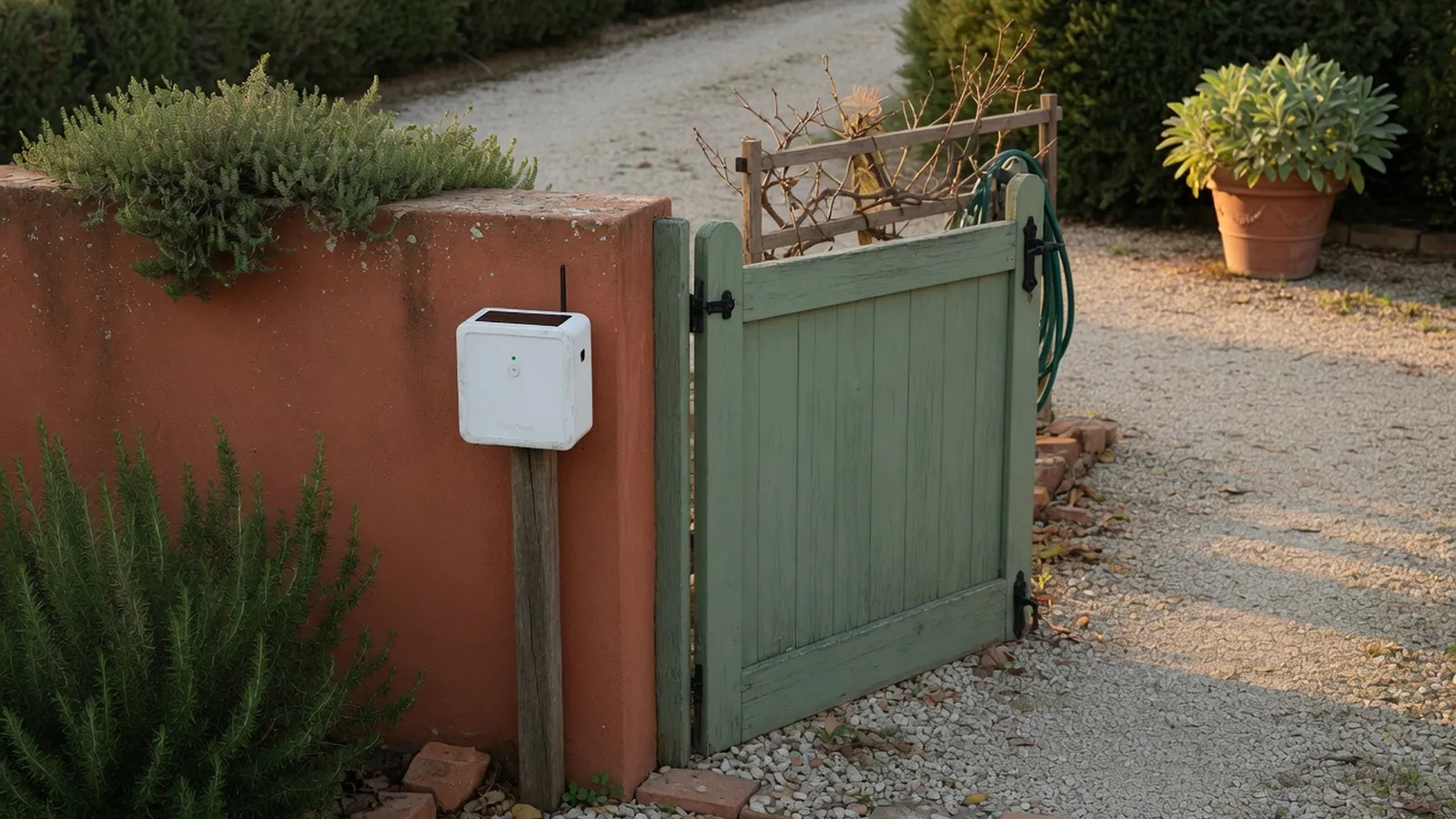 A secure residential driveway entrance with a wireless alarm sensor mounted near the gate.