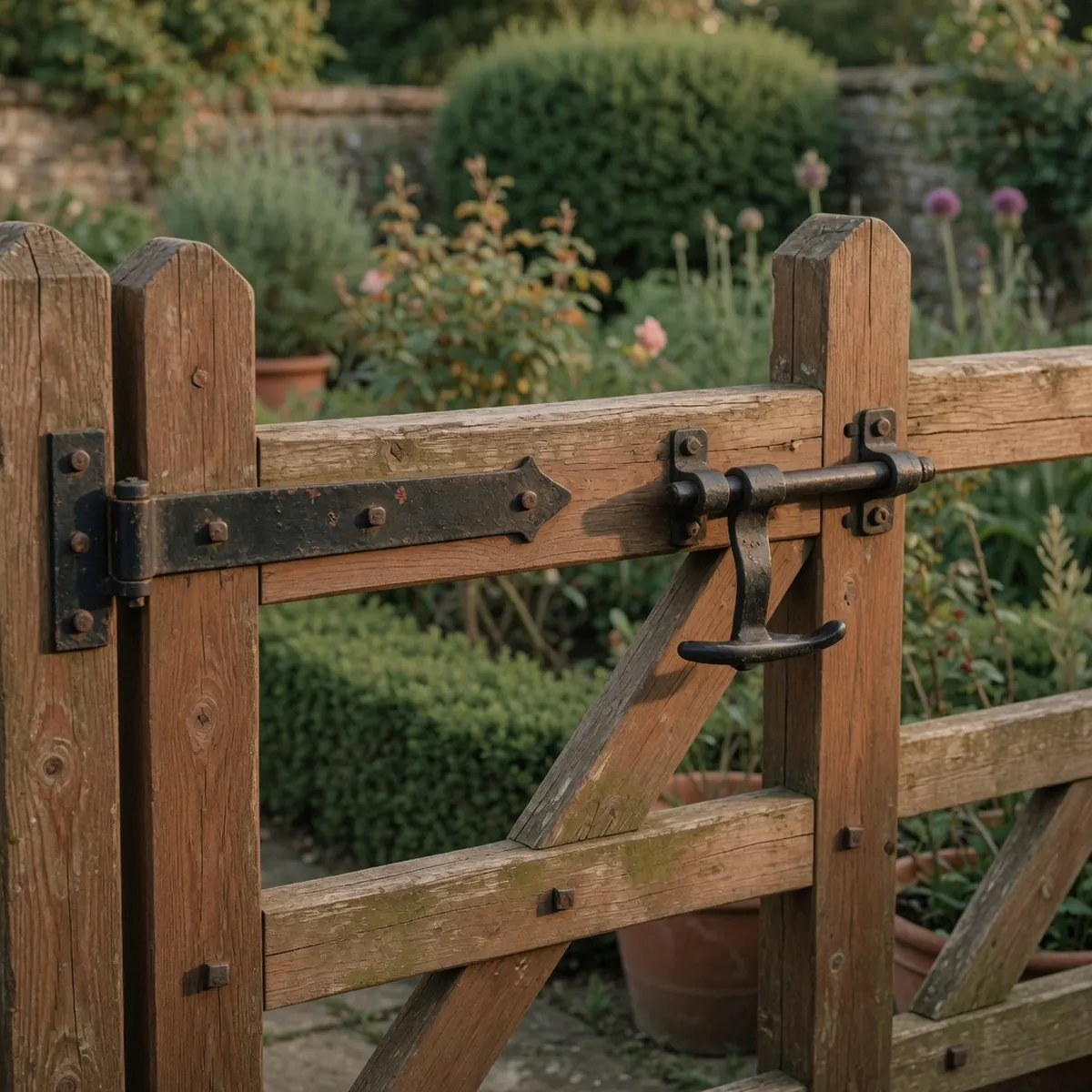 A close-up of a weathered wooden gate hinge and latch on a sturdy timber panel.