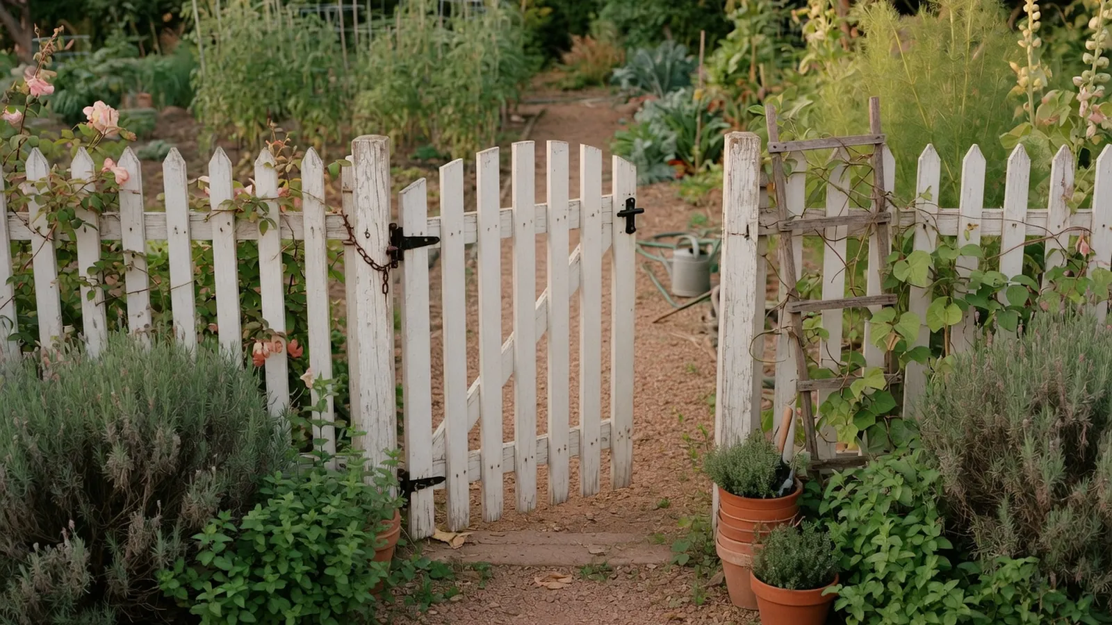 A classic white wooden picket fence gate standing open in a sunlit garden.