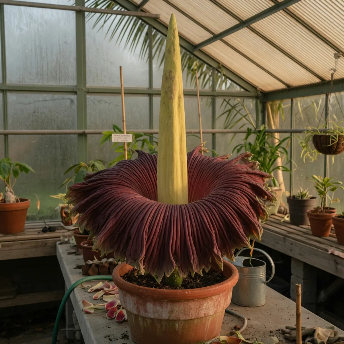 A towering titan arum inflorescence with a tall central spadix surrounded by a pleated maroon spathe.