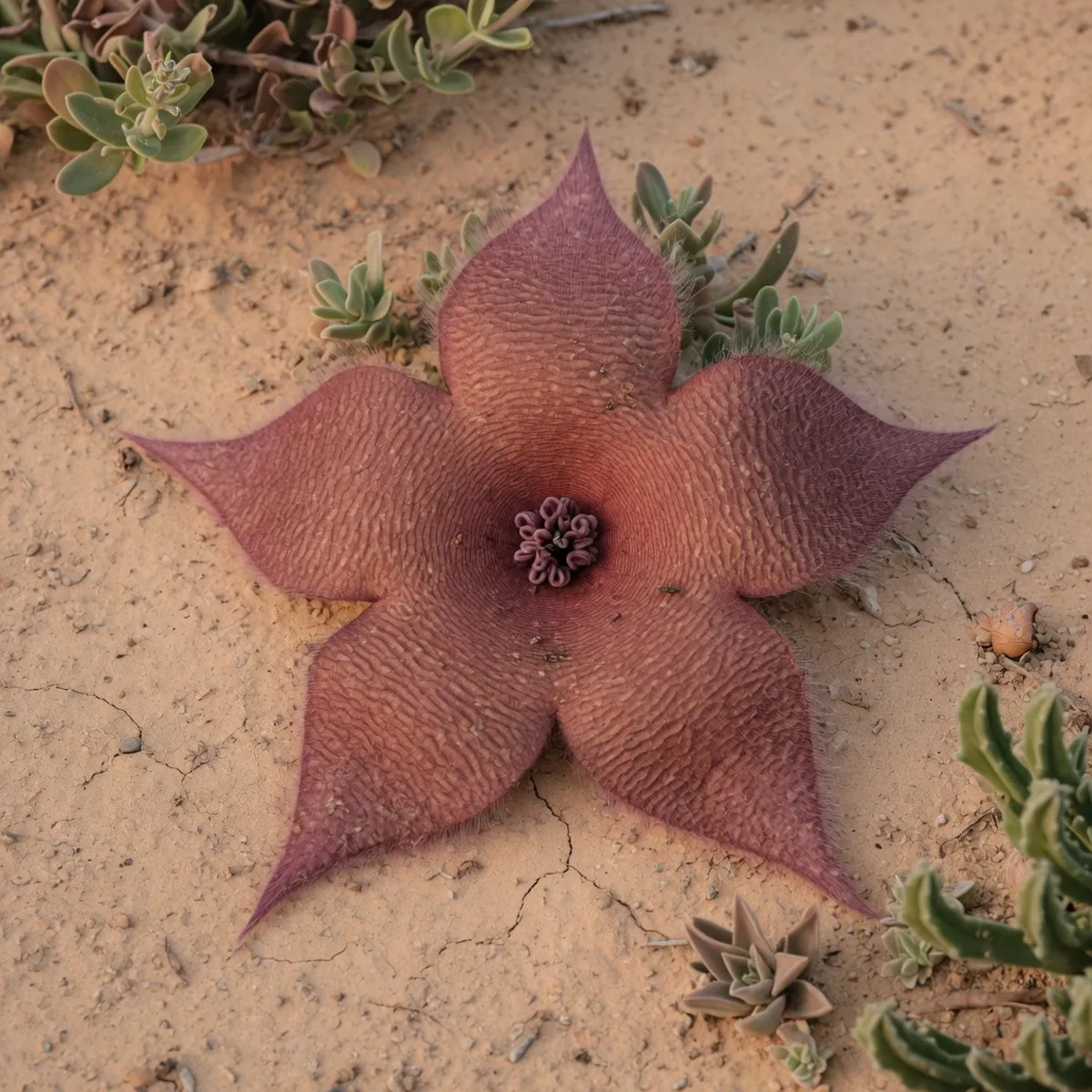A star-shaped, hairy reddish-brown flower with a textured surface resembling rotting meat.