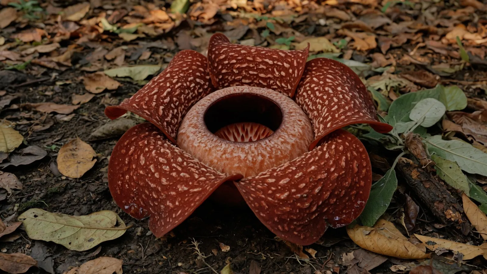 A large, fleshy reddish-brown flower with white spots resting on the dark forest floor.