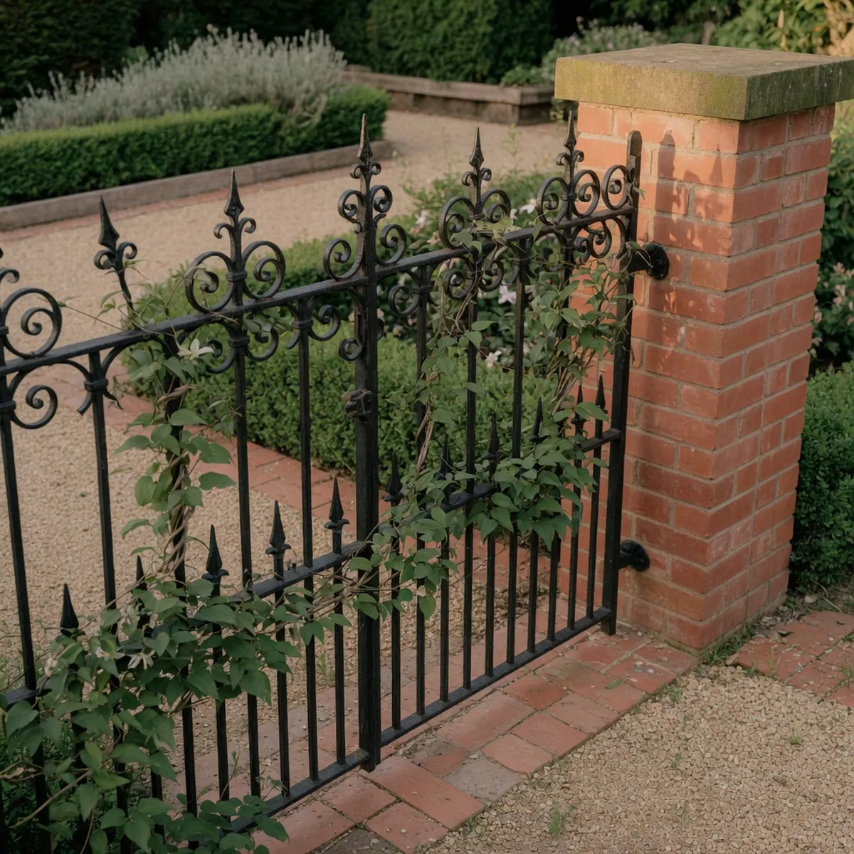 A wrought iron fence section with climbing vines beside a brick pillar along a garden path.