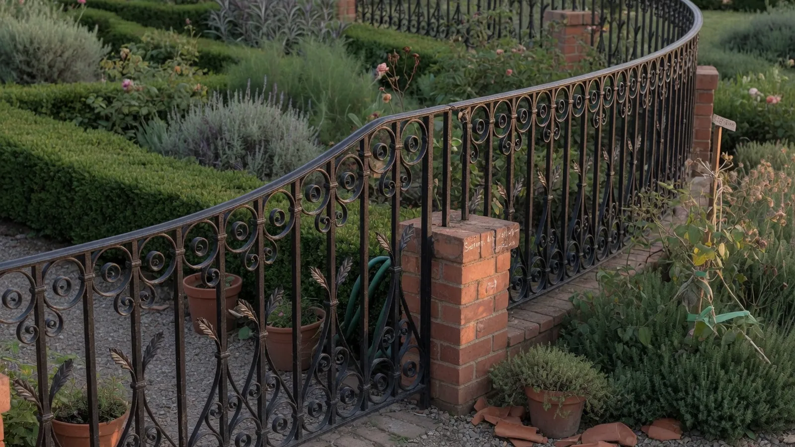 An elegant black wrought iron fence with intricate scrollwork set within a lush garden landscape.