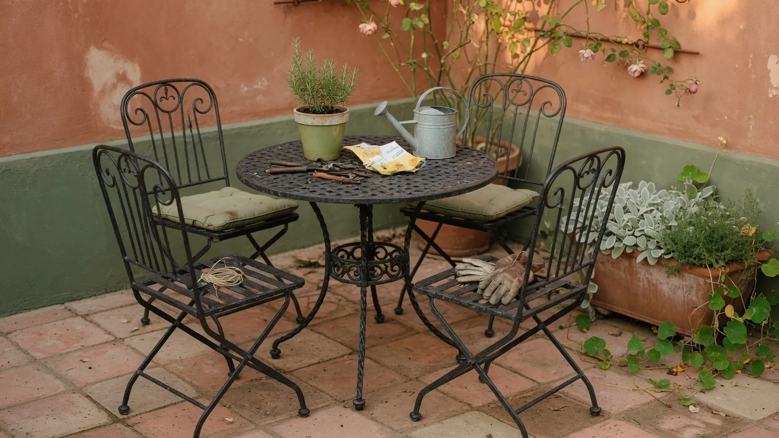 A set of black wrought iron patio chairs and a matching table arranged on a sunlit terrace.