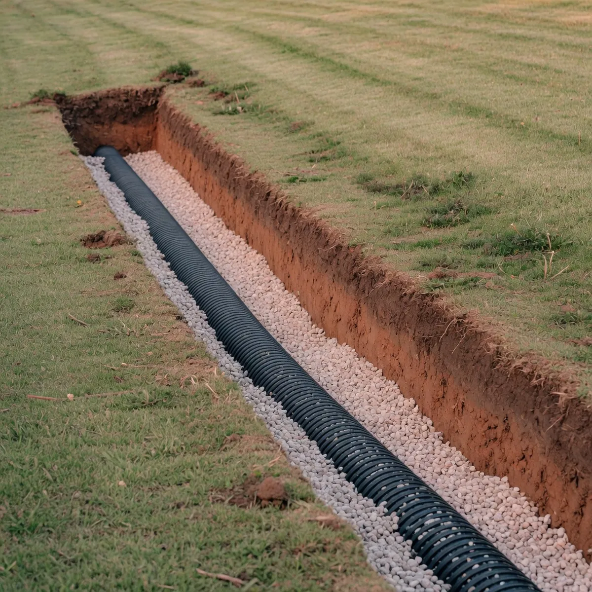 A freshly dug garden trench filled with clean gravel and a perforated drainage pipe.