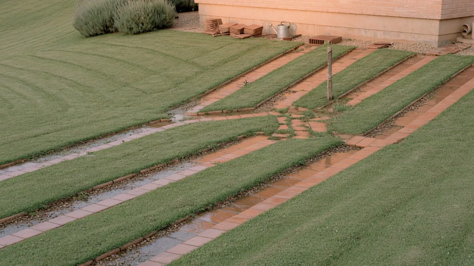 A gently sloping garden lawn with visible water channels directing rain away from a house foundation.