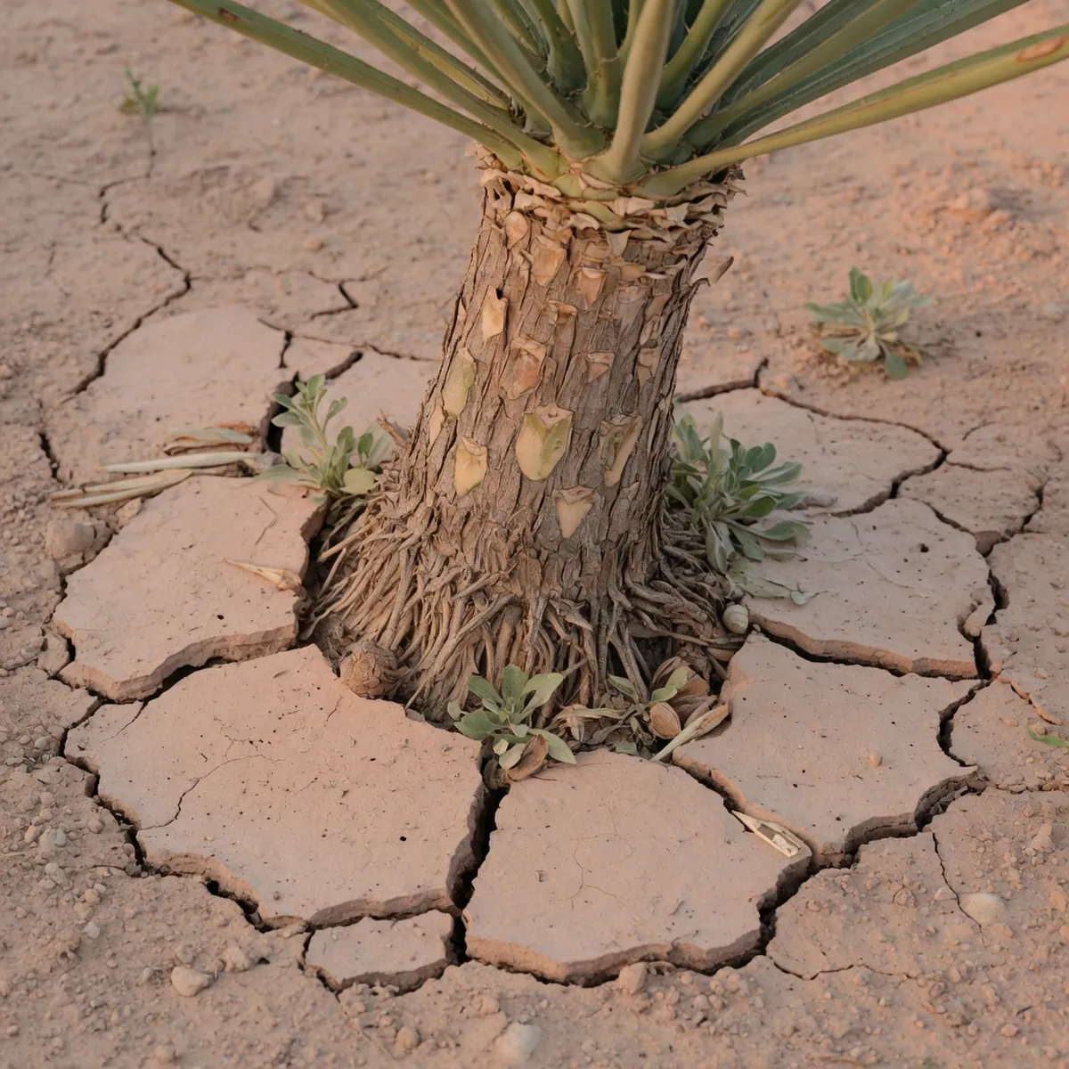 Dry sandy soil around the base of a yucca plant indicating it is ready for watering.