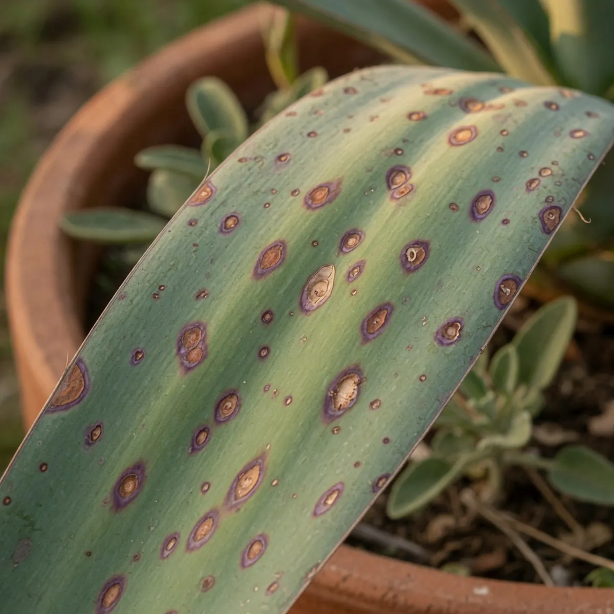 A yucca leaf displaying oval brown spots with distinct purple borders scattered across its surface.