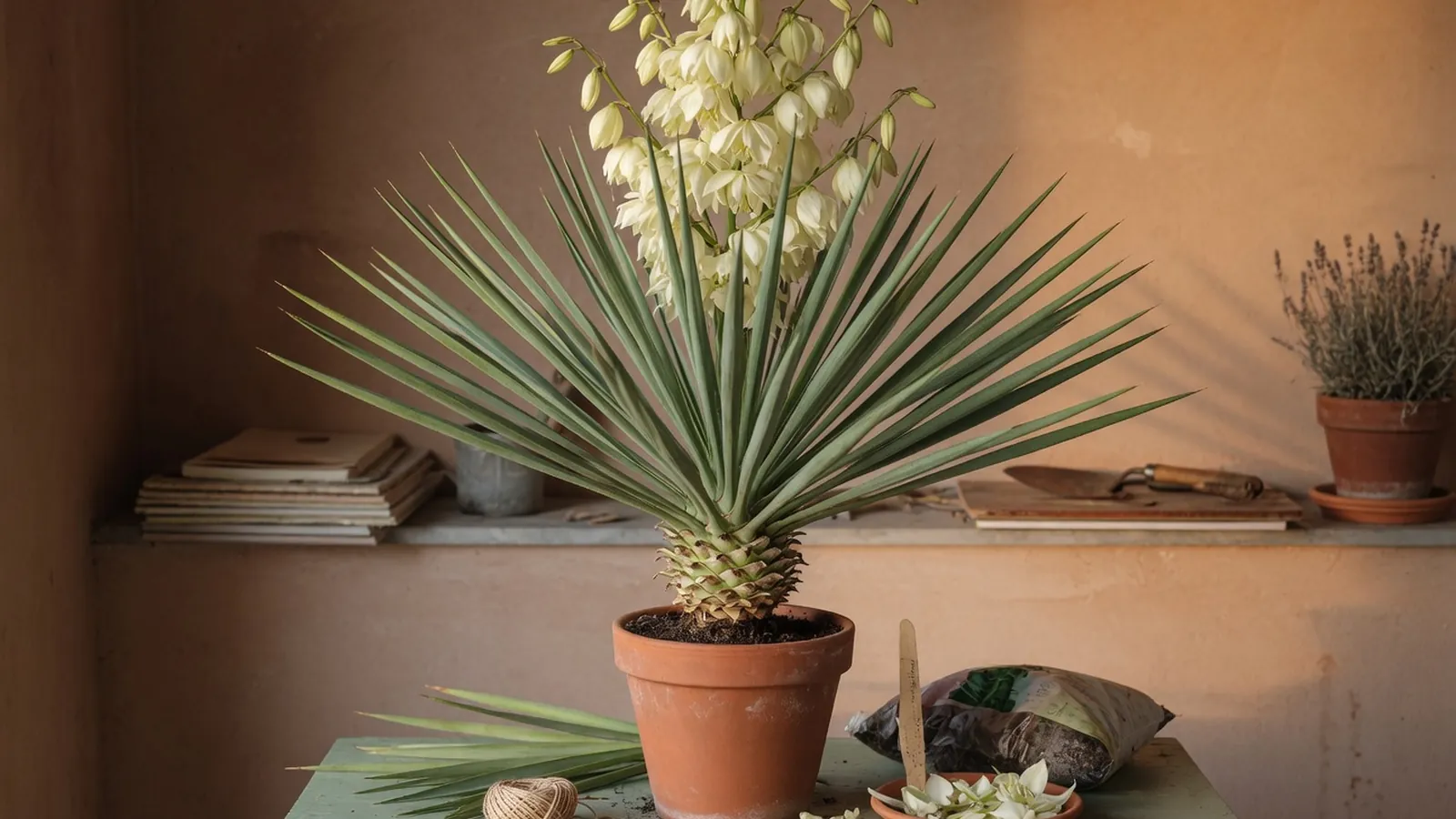 A healthy yucca plant with stiff sword-shaped leaves radiating from a central stalk and a cluster of white flowers at the top.