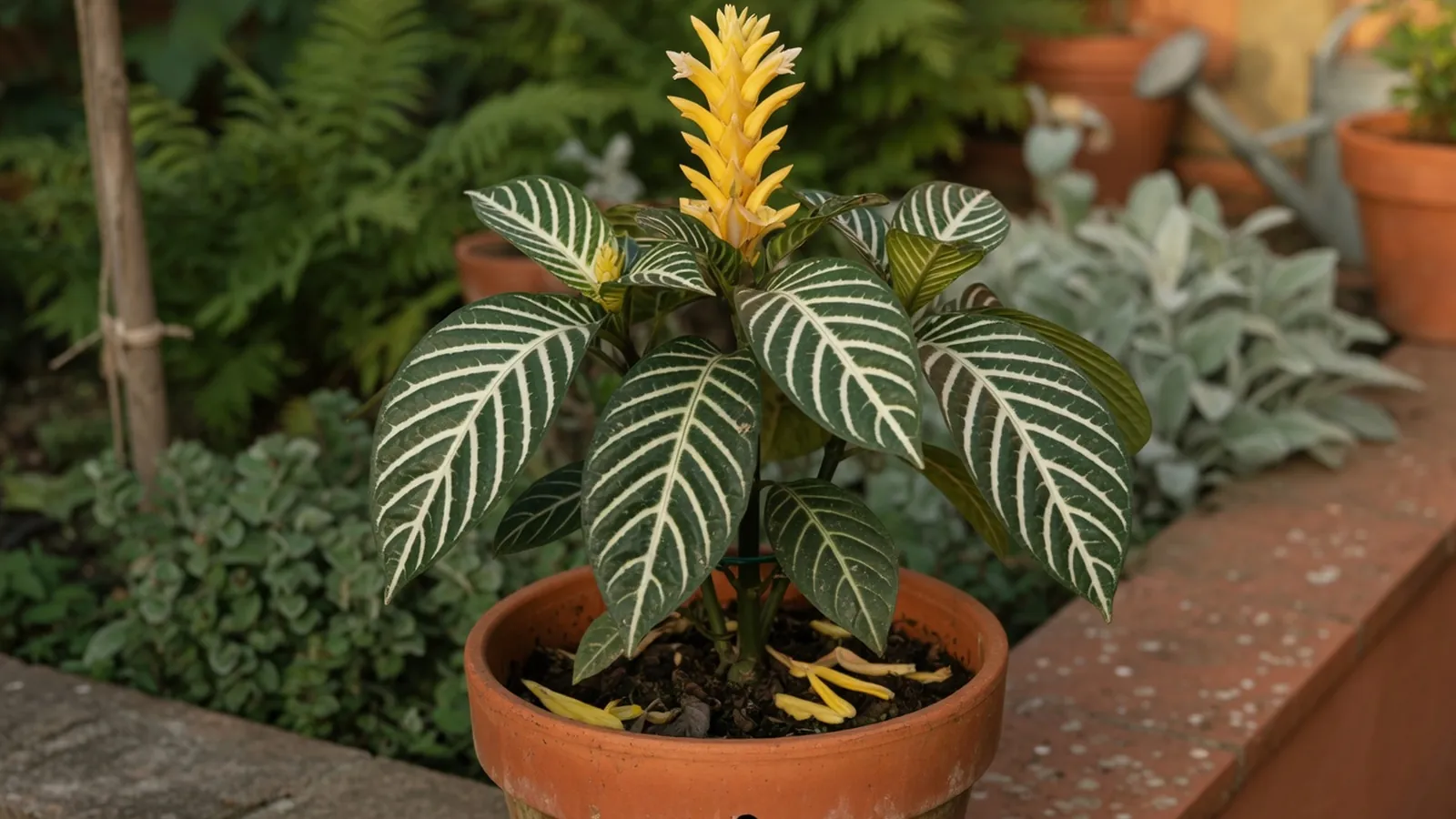 A vibrant zebra plant showcasing its distinctive striped foliage and saffron-yellow terminal spike.