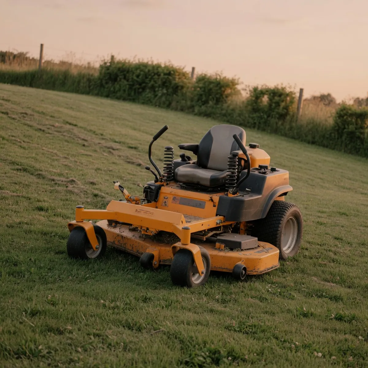 A sturdy commercial zero turn mower resting on a gently sloping grassy hill with a blurred garden background.