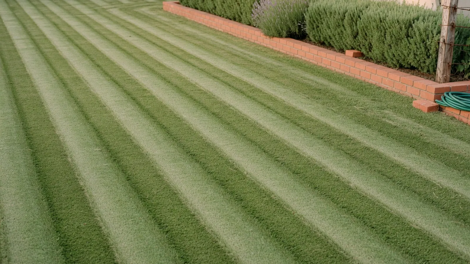 A freshly mowed suburban lawn displaying crisp, alternating light and dark green stripes under bright daylight.