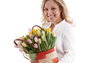Girl With Spring Tulips