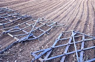 Agriculture Machinery Harrow Rake On Plowed Field
