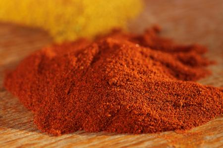 Red chilli paprika powder spice on old wooden table