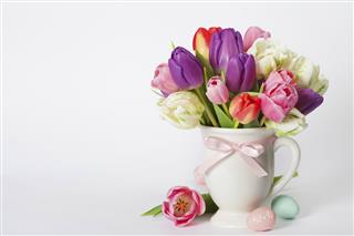 Beautiful Tulips Bouquet And Easter Eggs