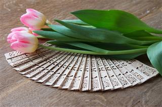 Pink Tulips With Open Hand Fan